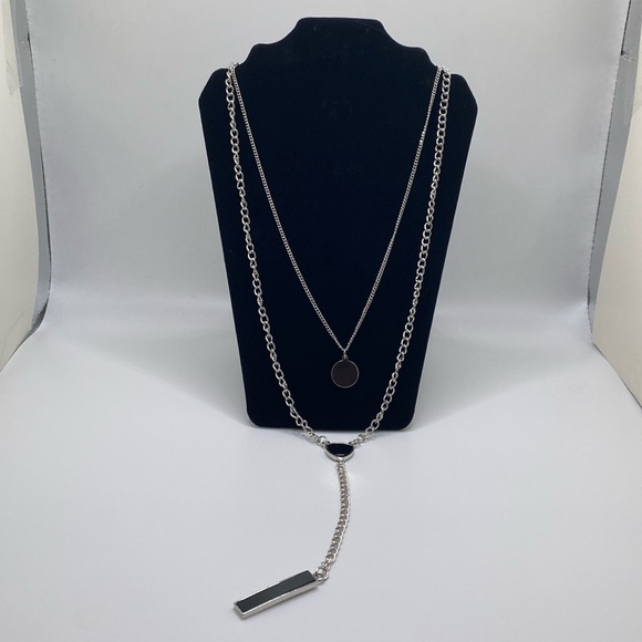 Silver Layered Multi Chain Circular Pendant & Bar Charm Necklace Bohemian Chic - Picture 3 of 13